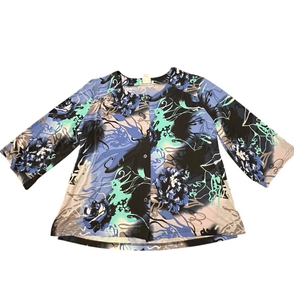 Ulla Popken Top Size 16/18 Blue Floral Wearable Art Button Front 3/4 Sleeve - Picture 1 of 15
